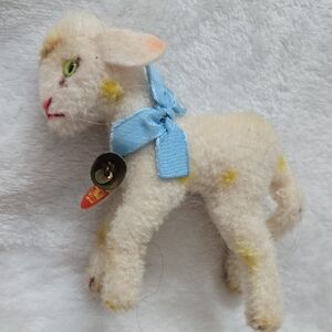 Steiff Plush Lamb Toy with Blue Ribbon And Bell